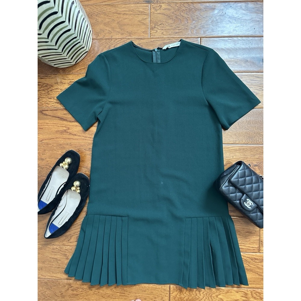 ZARA Women Small Dark Forest Green Short Sleeve Pleated Drop Waist Mini Dress
